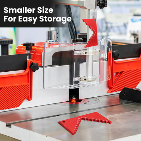 Heavy Duty Aluminum Table Saw Height Gauge For Dead On Cutting Heights displayed on router table, showcasing vivid red finish and compact design.