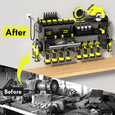 Power Tool Organizer Wall Mount with Drill Holder, Grinder Bracket, Hammer and Pliers, Locking Drawer, 6 Outlet Charging Rack, Yellow