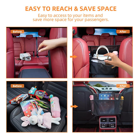 Collage showing before and after use of Car Net Pocket Organizer Between Seats For Handbags And Purses in a vehicle interior