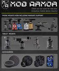 Display of various Mob Armor mounts and accessories, including phone and tablet mounts with MagSafe support for mobile devices.