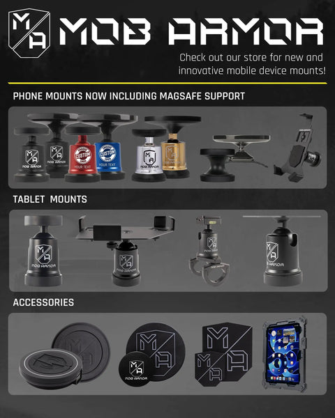 Display of various Mob Armor mounts and accessories, including phone and tablet mounts with MagSafe support for mobile devices.