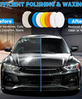 Image showing car before and after using Six Inch Buffing Polishing Pad Kit With Wool Pads And M14 Drill Adapter, Includes Five 6 Inch Color Coded Pads, Two Wool Buffing Pads, And Suction Cup For Car Buffer Polisher, Washing Waxing Dusting, 10 Pieces.
