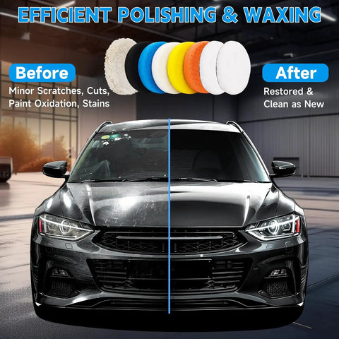 Image showing car before and after using Six Inch Buffing Polishing Pad Kit With Wool Pads And M14 Drill Adapter, Includes Five 6 Inch Color Coded Pads, Two Wool Buffing Pads, And Suction Cup For Car Buffer Polisher, Washing Waxing Dusting, 10 Pieces.