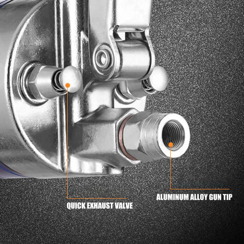 Close-up of Pro Single Lever Grease Tool with aluminum body showing quick exhaust valve and aluminum alloy gun tip.
