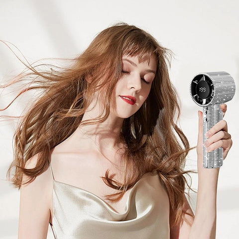 Woman using Diamond Studded Portable Handheld Turbo Fan With Glitter Rhinestones, Ultra Quiet USB Desk Fan, High Speed Cooling, Silver.