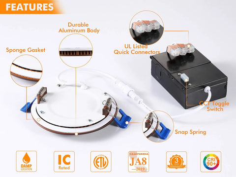 Ultra Thin 4 Inch LED Recessed Downlight Canless With Junction Box, Dimmable 10W features and components overview.