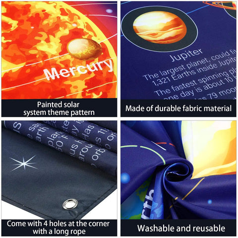 Four close-up images of Giant Solar System Poster Banner For Space Themed Parties And Classroom Decor, 72.8 By 43.3 Inches