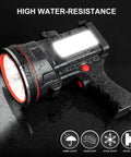 Rechargeable Spotlight Flashlight With COB Light And Foldable Stand For Boating Camping Hunting And Fishing, waterproof design