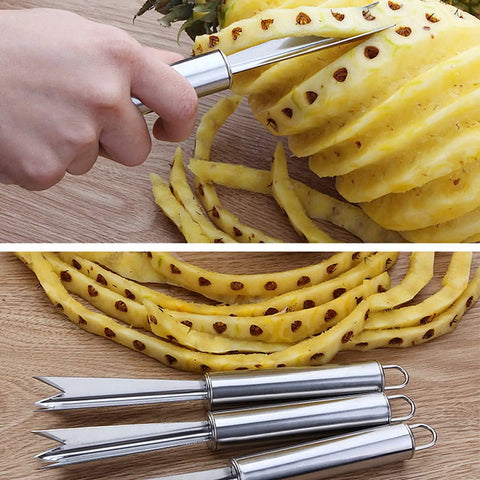 Using Pro Grade Stainless Steel Pineapple Eye Remover Tool With V Shaped Cutter on fresh pineapple, shows peeled skin and tools