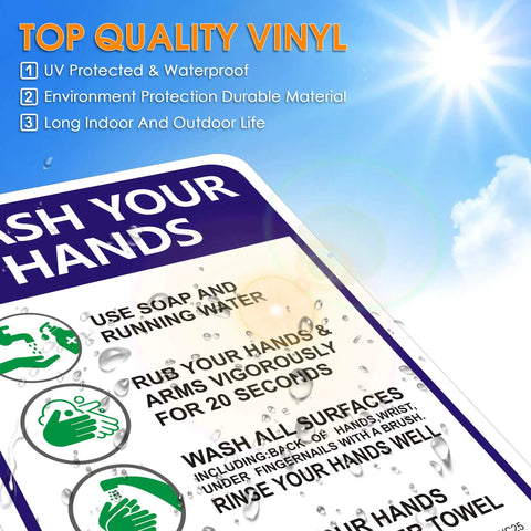 Keep Hands Clean With This Please Wash Your Hands Sign Stickers 4 Pack 10 By 7 Inch 4 Mil Vinyl Self Adhesive Weatherproof UV Protected Indoor Outdoor Employee Hand Washing Sign showing washing instructions.