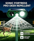 Two Pack Solar Ultrasonic Animal Repellent For Gardens With Motion Sensor Strobe Light; green deer repeller on stake at night