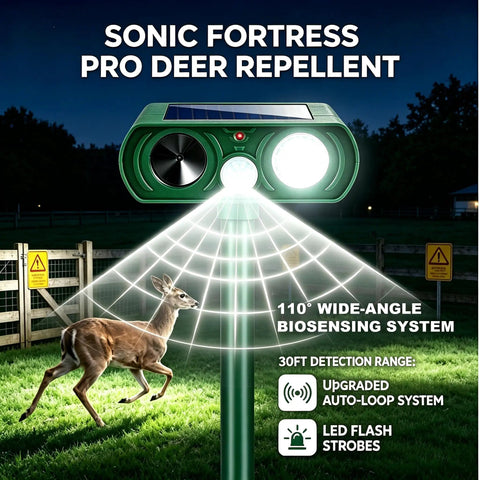 Two Pack Solar Ultrasonic Animal Repellent For Gardens With Motion Sensor Strobe Light; green deer repeller on stake at night