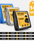 Heavy Duty 16x20 Foot Tarp With Brass Grommets And Reinforced Edges 14 Mil Thick Waterproof Poly Tarp displayed in three colors