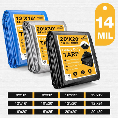 Heavy Duty 16x20 Foot Tarp With Brass Grommets And Reinforced Edges 14 Mil Thick Waterproof Poly Tarp displayed in three colors