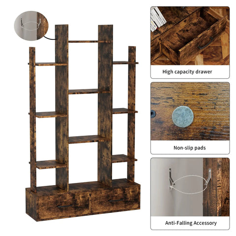 Vintage Industrial Freestanding Bookcase With 12 Shelves And 2 Drawers In Rustic Brown Finish For Living Room Bedroom Study Or Home Office A Dope Space Saving Storage Organizer That Showcases Books Decor And More with drawer, pad, and anti-fall features