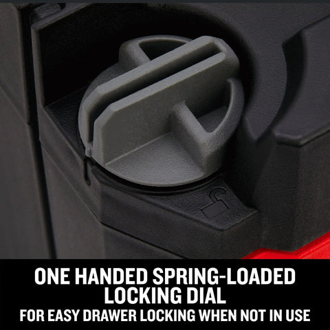 Close-up of locking dial on 262 Piece Mechanic Tool Set In Versastack 3 Drawer Box With SAE And Metric Sockets Car And Motorcycle Tool Kit 90 Tooth Ratchet Wrenches Spark Plug Sockets And Hex Bits For Tight Spaces