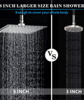 Comparison of High Pressure Rain Shower Head With 304 Stainless Steel And Air In Technology with smaller 3-inch shower head.