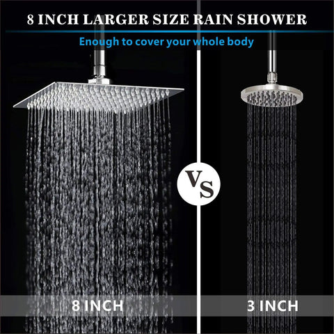 Comparison of High Pressure Rain Shower Head With 304 Stainless Steel And Air In Technology with smaller 3-inch shower head.
