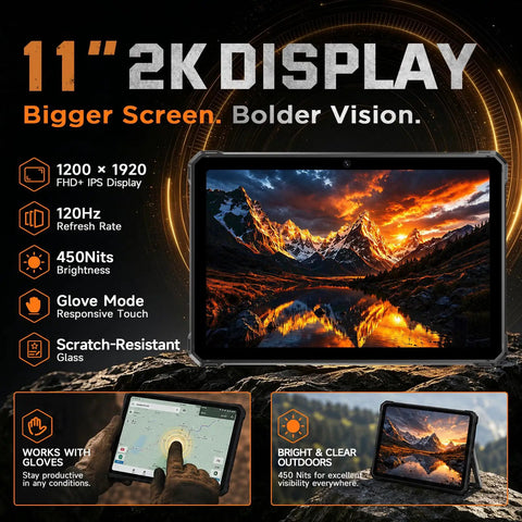 Built Like A Tank 5G Rugged Tablet With Android 16 And Massive 20080Mah Battery Featuring 11 Inch Waterproof Screen showing bright 11" 2K display with responsive touch and scratch-resistant glass.