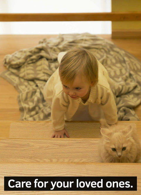 Child and kitten on stairs with 6x30 Inch Clear Non Slip Stair Treads Tape 14 Pack For Indoor And Outdoor Use Anti Slip Grip Strips