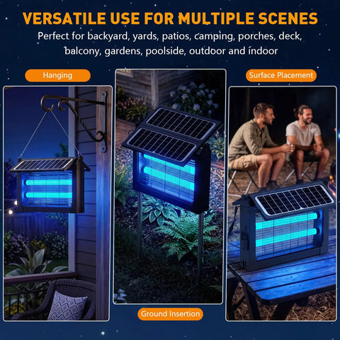 Cordless Solar Bug Zapper Outdoor 4500V With Dual Solar Panels Covers One Half Acre IPX5 Waterproof Mosquito Traps for Backyard Patio and Camping 20 High Efficiency LEDs At 365 To 395 Nm Lure Mosquitoes From Afar in various setups