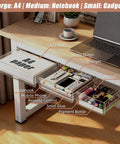 3 Pack Clear Under Desk Slide Out Organizers With Dual Adhesive Or Screw Mount Installation Sliding Into Tight Gaps To Declutter Fast And Make Your Home Office Desk Setup A Legit Game Changer with A4 paper and gadgets.