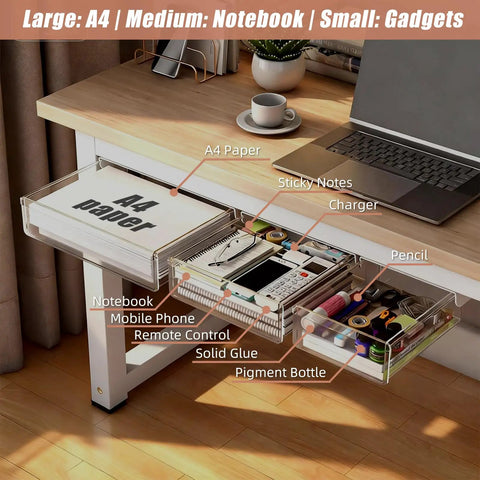 3 Pack Clear Under Desk Slide Out Organizers With Dual Adhesive Or Screw Mount Installation Sliding Into Tight Gaps To Declutter Fast And Make Your Home Office Desk Setup A Legit Game Changer with A4 paper and gadgets.