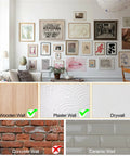 Illustration of a room with artwork showing wall types suitable for 184 Piece Picture Hanging Kit With Gold Finish Hooks And Nails.