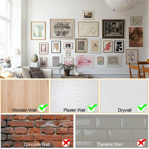 Illustration of a room with artwork showing wall types suitable for 184 Piece Picture Hanging Kit With Gold Finish Hooks And Nails.