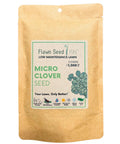 Micro Clover Seed Kit For Lawn Transformation Organic Coated Eco Friendly Low Maintenance Grass Alternative That Spreads Easily Four Point Four Ounce Seed Packet Compostable Pouch Covers Up To 1000 Sq Ft Kid And Pet Safe, front view of pouch.