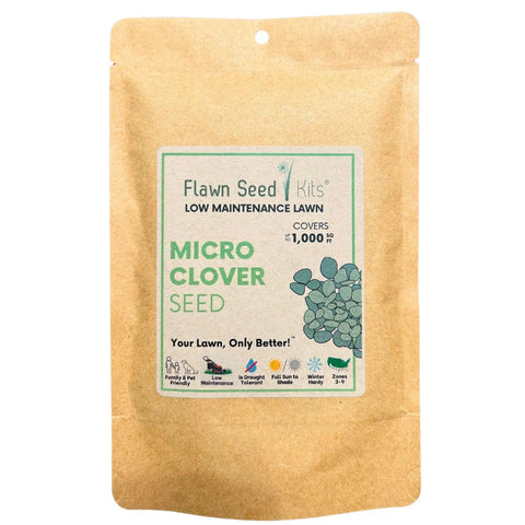 Micro Clover Seed Kit For Lawn Transformation Organic Coated Eco Friendly Low Maintenance Grass Alternative That Spreads Easily Four Point Four Ounce Seed Packet Compostable Pouch Covers Up To 1000 Sq Ft Kid And Pet Safe, front view of pouch.