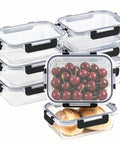 Eight Pack 36oz Glass Meal Prep Containers With Snap Lock Lids, Leakproof And Airtight Glass Food Storage stacked with food.