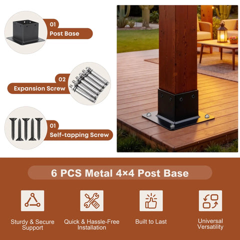 Six Pack Heavy Duty Metal Post Base Brackets, 4X4 Exterior Fit With 3.5 Inch Inside Opening, Ridiculously Strong Deck Fence Pergola Hardware, Super Simple To Bolt Down