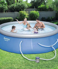 Family enjoying 13 Ft Round Inflatable Pool Set With Rise Design, 33 Inch Deep, Includes 530 Gallon Filter Pump, DuraPlus Liner