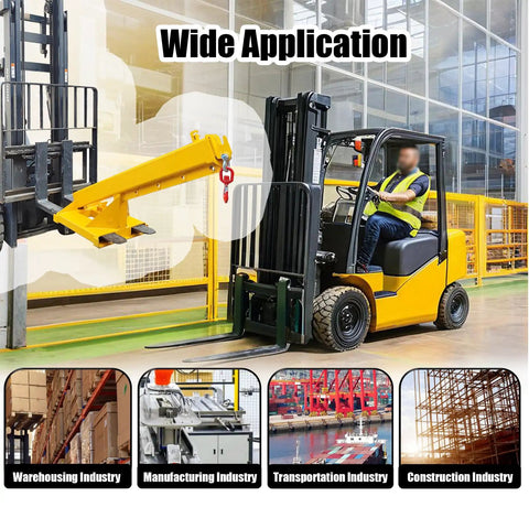 Heavy Duty Forklift Jib Boom Crane With 8800 Lb Capacity in use, attached to forklift for lifting in a warehouse setting.