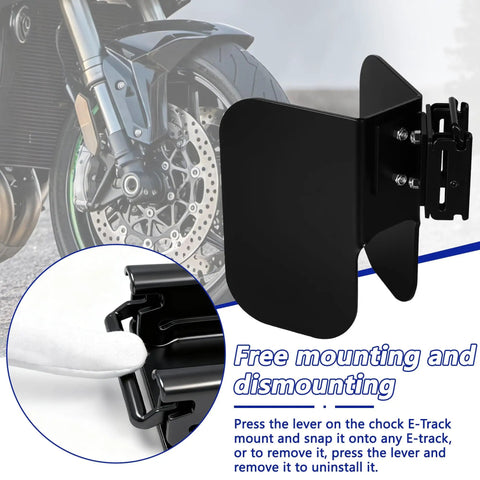 Heavy Duty E Track Wheel Chock For E Track System with adjustable mount and wall stabilizer, fits tires 2-6 inches wide.