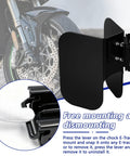 E Track Wheel Chock Set For E Track System Wall Mount 4 Pack Fits Motorcycle Dirt Bike Bicycle Enclosed Trailer Garage Tires Up To Six Inches Wide Ideal For Trailers And Garages shown attached to bike wheel.