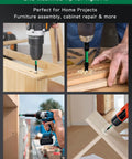 All In One Magnetic Drill Bit Set For Impact Drivers being used for furniture assembly, showing drilling into wood with S2 steel bits.
