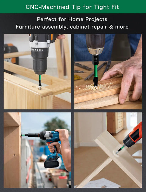 All In One Magnetic Drill Bit Set For Impact Drivers being used for furniture assembly, showing drilling into wood with S2 steel bits.