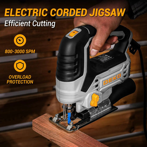 Tough As Nails Corded Jigsaw Saw With Quick Release Blades, Smooth Precision Wood Cutter cutting through wood beam.