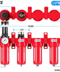 Heavy Duty 0-150 PSI One Half Inch NPT Four Stage Air Drying System With Particulate Filter in red with measurements