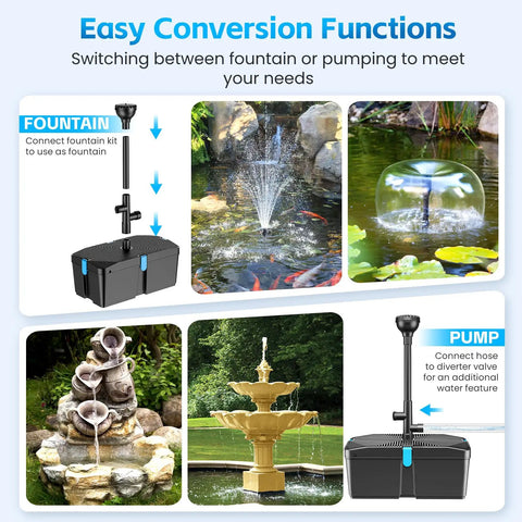 Pond Filter With Fountain Pump Kit 660 GPH demonstrating fountain and pump functions for outdoor ponds.