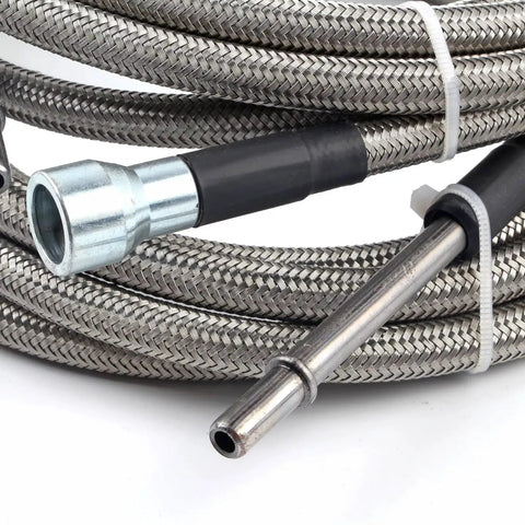 Straight Shot Stainless Steel Braided Fuel Line Quick Fix Kit For 1999 To 2003 Chevy Silverado GMC Sierra V8 Gas Flex Line Upgrade detailed view of braided stainless steel fuel lines with fittings.