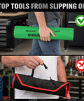 Person holding green rolling pouch for All Purpose Wrench Set With Rolling Pouch Metric And Standard Sizes 23mm 24mm 26mm 27mm 30mm 32mm Heat Treated CR-V Steel 12 Point Box End Wrenches Long Master Mechanic Pro Grade Tool Set For Garage And Home Use