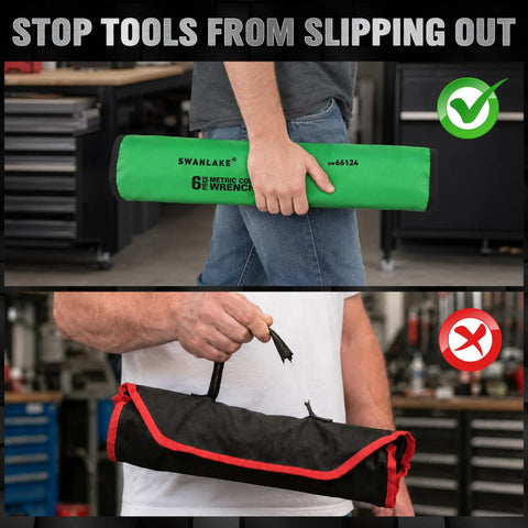 Person holding green rolling pouch for All Purpose Wrench Set With Rolling Pouch Metric And Standard Sizes 23mm 24mm 26mm 27mm 30mm 32mm Heat Treated CR-V Steel 12 Point Box End Wrenches Long Master Mechanic Pro Grade Tool Set For Garage And Home Use