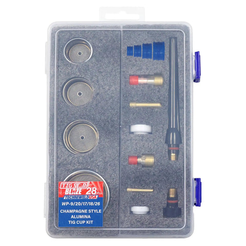 TIG Welding Cup Kit Pro Grade With Quartz Cups Sizes 12 14 16 24 Fits WP 17 18 26 9 20 displayed in plastic case