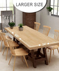 Dining room with yellow oak table covered with 24 Inch Wide Faux Wood Wallpaper Roll Peel And Stick Realistic Yellow Oak Wood Grain Self Adhesive PVC Vinyl For Cabinets Furniture And Walls Large 64 Sq Ft Roll Easy Install Removable And Durable DIY Friendly, surrounded by six chairs.