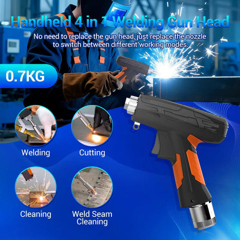3000W Four In One Laser Welding Machine With Auto Wire Feeder 380V Hardcore Metal Cutter And Rust Remover hand-held welding gun with nozzles for welding and cutting.