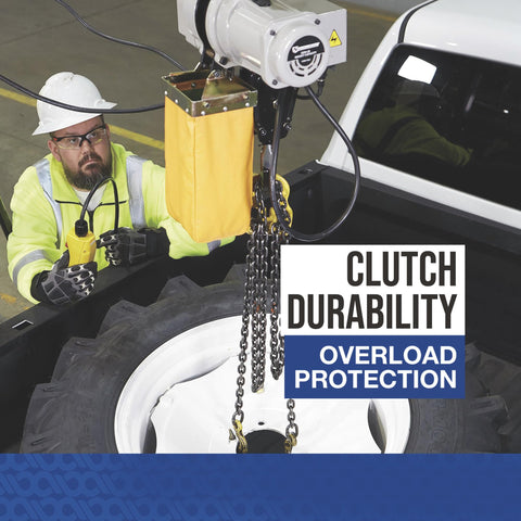 Electric Hoist For One Ton Load, Nine Point Eight Feet Lift, 110V Power, Remote Control With Emergency Stop shown in operation