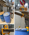Heavy Duty Drum Lifter Clamp For Forklifts And Job Site Cranes Featuring Carbon Steel Chain lifting two blue barrels.